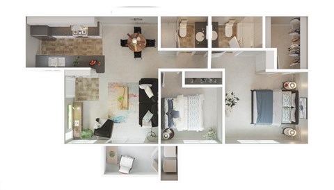 Floor plan for 2 beds, 2 baths, 884 sqft